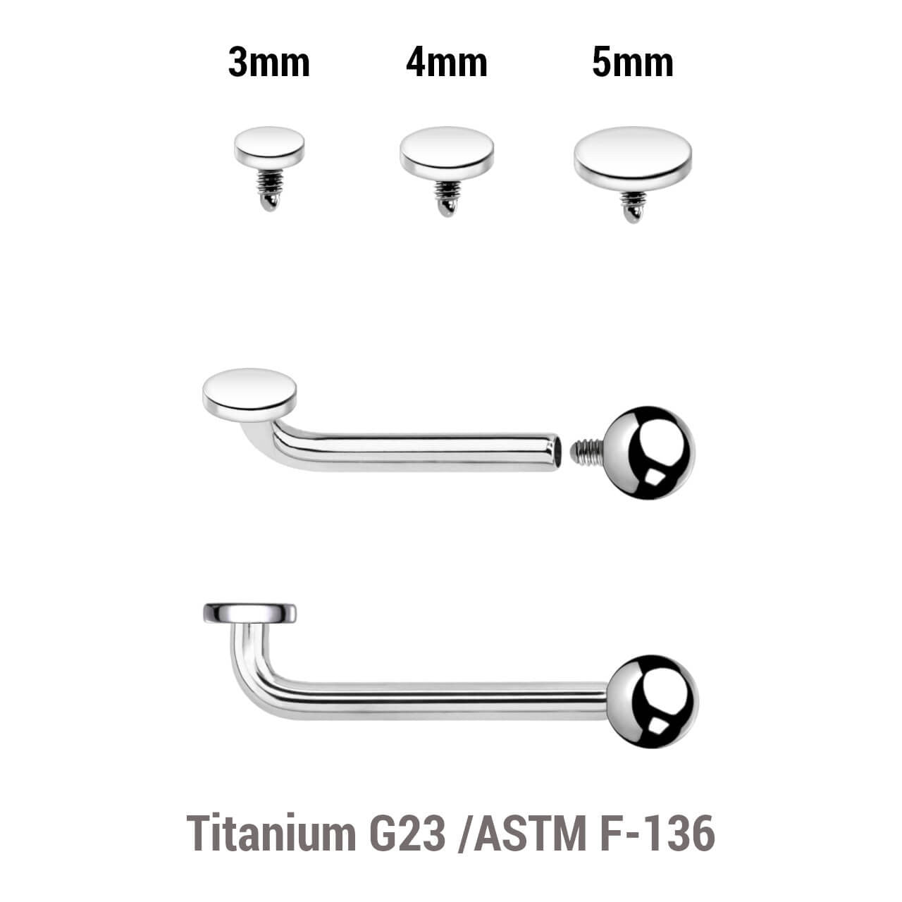 Pack of 5 high polished titanium internally threaded Christina barbells, thickness 1.6mm with 2.5mm rise and 1 upper disk and 1 lower ball