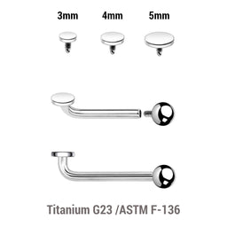 Pack of 5 high polished titanium internally threaded Christina barbells, thickness 1.6mm with 2.5mm rise and 1 upper disk and 1 lower ball