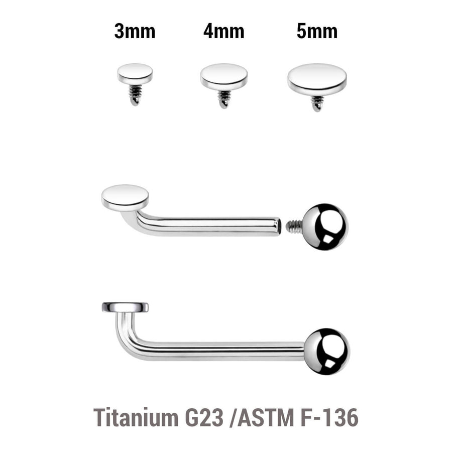 Pack of 5 high polished titanium internally threaded Christina barbells, thickness 1.6mm with 2.5mm rise and 1 upper disk and 1 lower ball