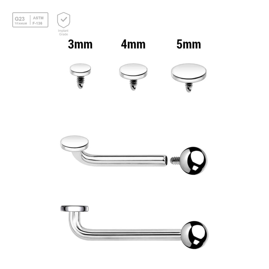 Pack of 5 high polished titanium internally threaded Christina barbells, thickness 1.6mm with 2.5mm rise and 1 upper disk and 1 lower ball - G23 ASTM F-136 implant grade titanium body jewelry