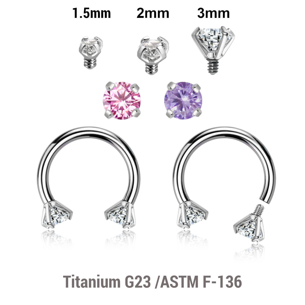 Pack of 5 high polished titanium internally threaded circular barbells, Thickness 1.2mm, with prong set CZ stones
