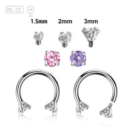 Pack of 5 high polished titanium internally threaded circular barbells, Thickness 1.2mm, with prong set CZ stones - G23 ASTM F-136 implant grade titanium body jewelry