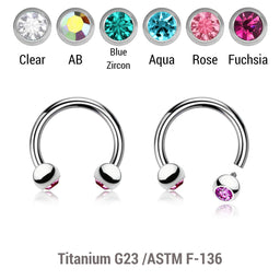 Pack of 5 high polished titanium internally threaded circular barbells, Thickness 1.2mm, with two 3mm bezel set crystal balls
