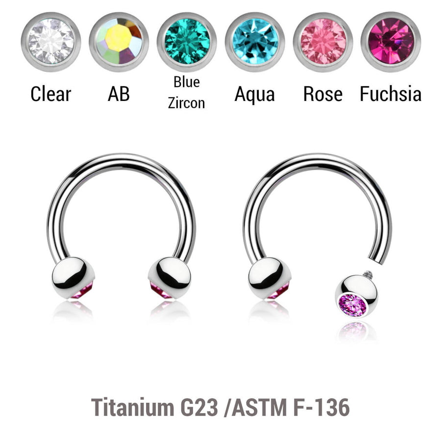Pack of 5 high polished titanium internally threaded circular barbells, Thickness 1.2mm, with two 3mm bezel set crystal balls