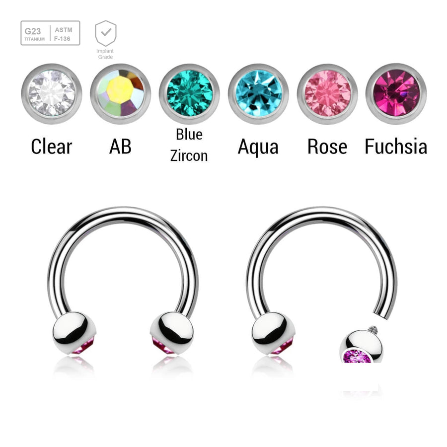 Pack of 5 high polished titanium internally threaded circular barbells, Thickness 1.2mm, with two 3mm bezel set crystal balls - G23 ASTM F-136 implant grade titanium body jewelry