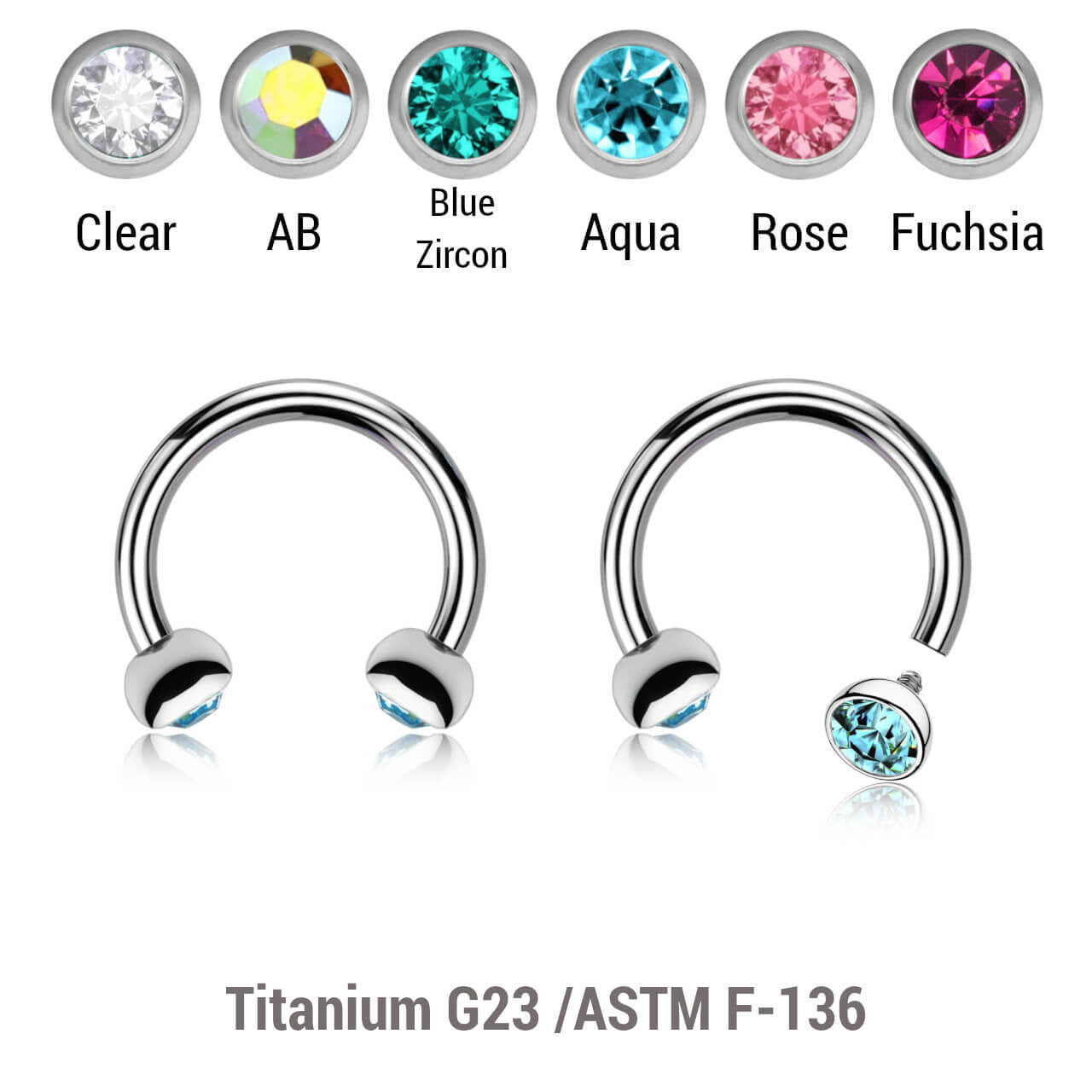 Pack of 5 high polished titanium internally threaded circular barbells, Thickness 1.2mm, with two half balls with a bezel set crystal
