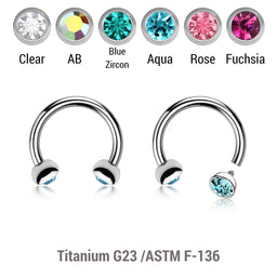 Pack of 5 high polished titanium internally threaded circular barbells, Thickness 1.2mm, with two half balls with a bezel set crystal
