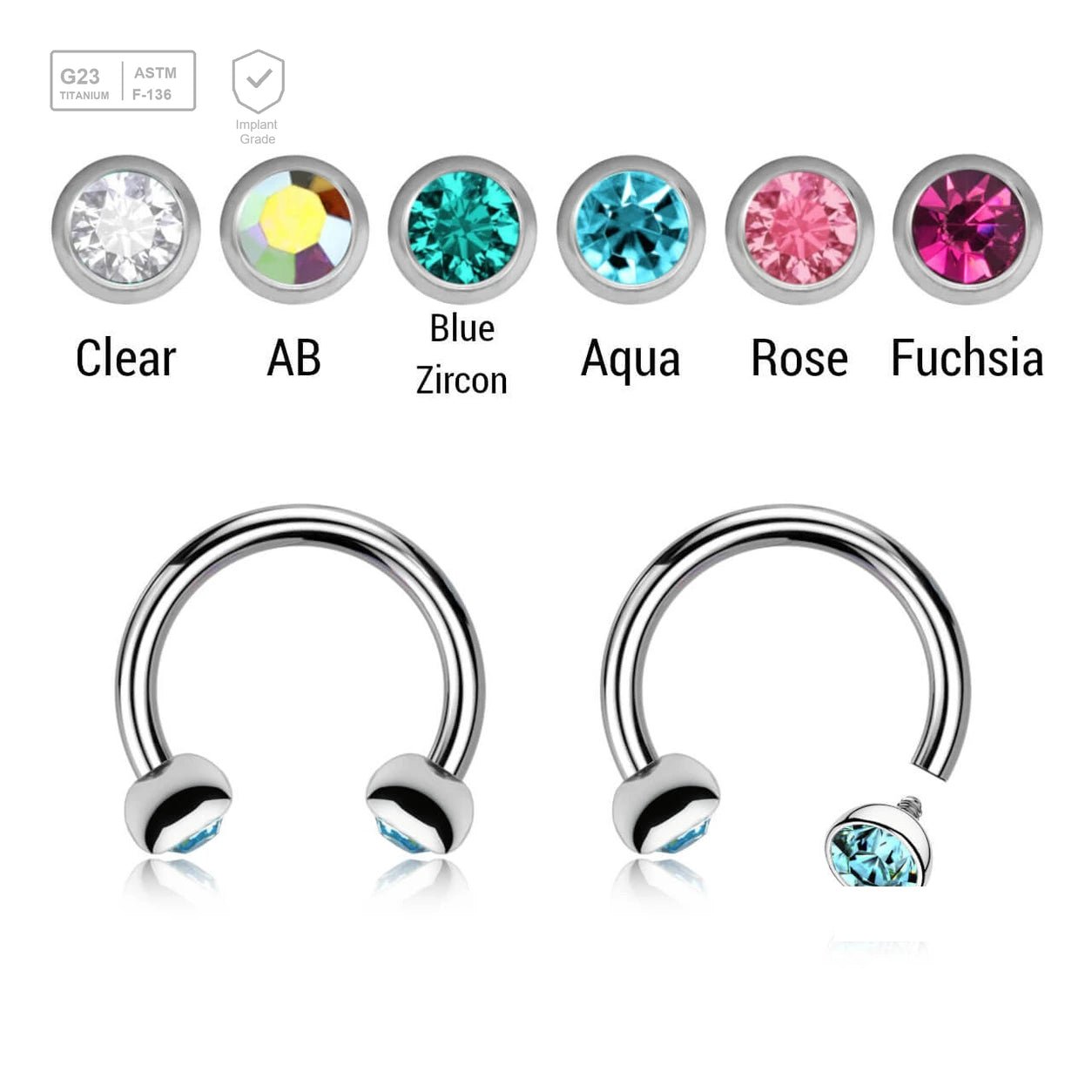 Pack of 5 high polished titanium internally threaded circular barbells, Thickness 1.2mm, with two half balls with a bezel set crystal - G23 ASTM F-136 implant grade titanium body jewelry