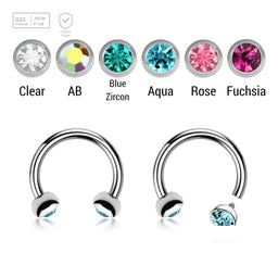 Pack of 5 high polished titanium internally threaded circular barbells, Thickness 1.2mm, with two half balls with a bezel set crystal - G23 ASTM F-136 implant grade titanium body jewelry