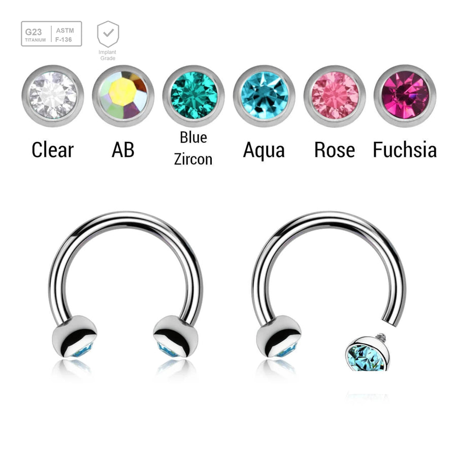 Pack of 5 high polished titanium internally threaded circular barbells, Thickness 1.2mm, with two half balls with a bezel set crystal - G23 ASTM F-136 implant grade titanium body jewelry