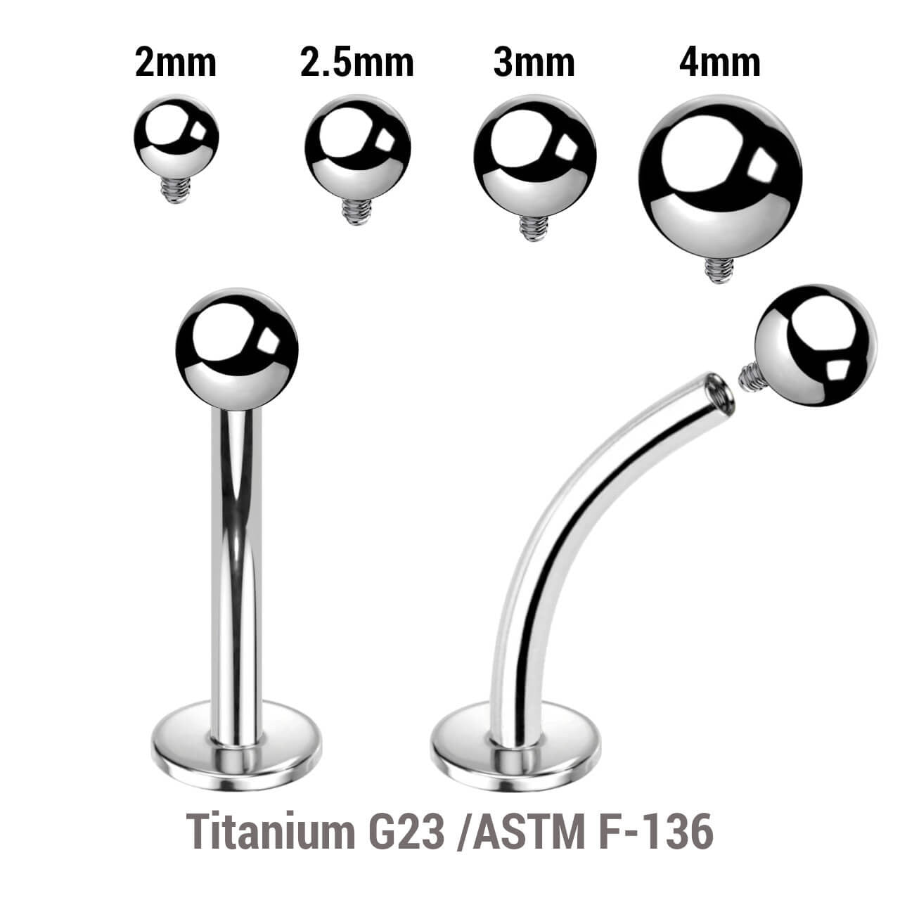 Pack of 10 high polished titanium internally threaded curved labrets, Thickness 1.2mm, with Ball