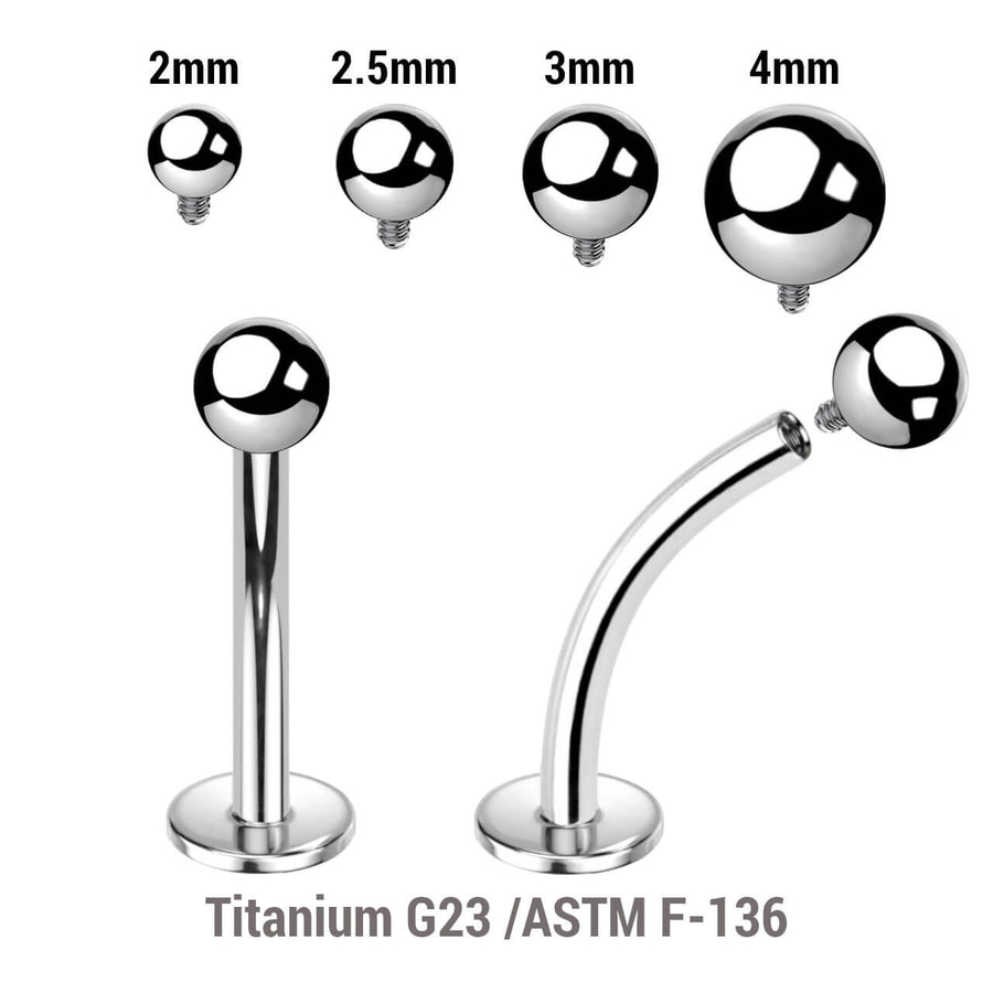 Pack of 10 high polished titanium internally threaded curved labrets, Thickness 1.2mm, with Ball