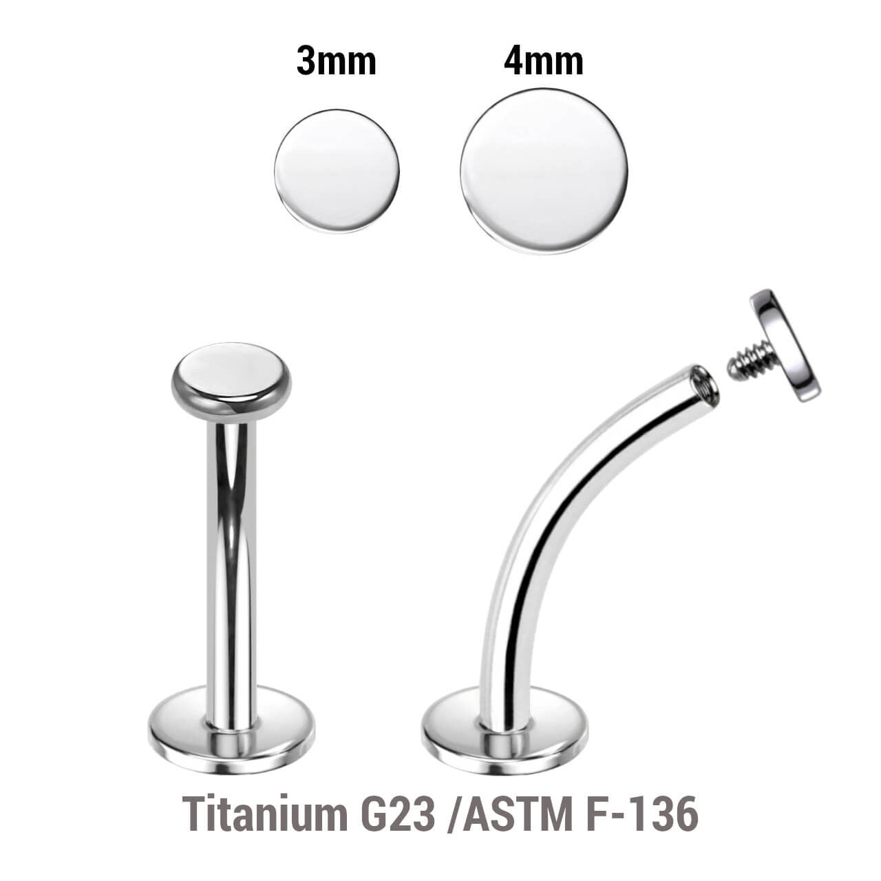 Pack of 10 high polished titanium internally threaded curved labrets, Thickness 1.2mm, with flat round disk tops