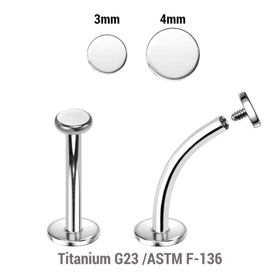 Pack of 10 high polished titanium internally threaded curved labrets, Thickness 1.2mm, with flat round disk tops