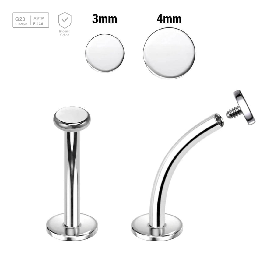 Pack of 10 high polished titanium internally threaded curved labrets, Thickness 1.2mm, with flat round disk tops - G23 ASTM F-136 implant grade titanium body jewelry