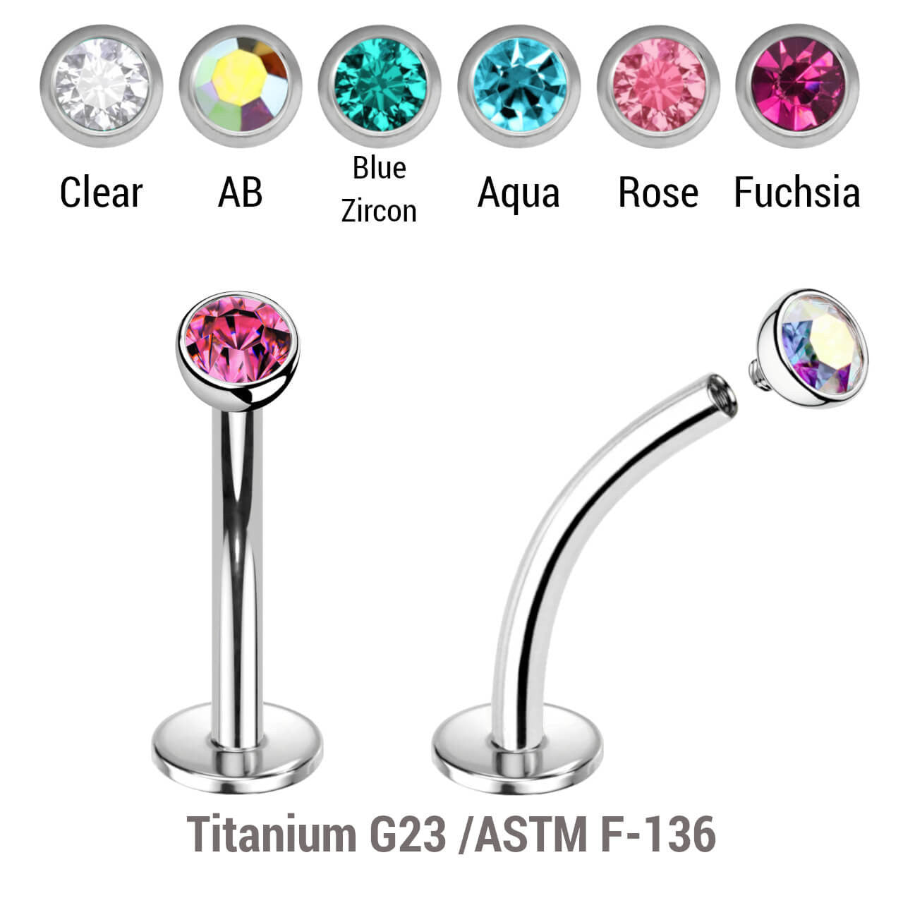 Pack of 10 high polished titanium internally threaded curved labrets, Thickness 1.2mm, with a top half ball with a bezel set crystal