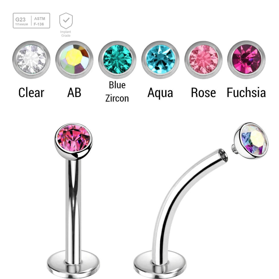 Pack of 10 high polished titanium internally threaded curved labrets, Thickness 1.2mm, with a top half ball with a bezel set crystal - G23 ASTM F-136 implant grade titanium body jewelry