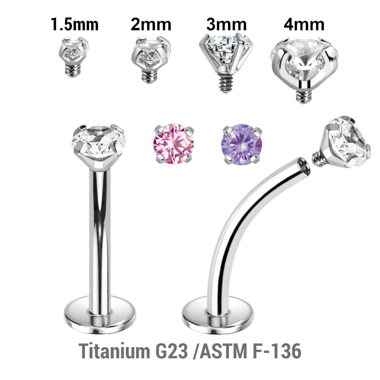 Pack of 10 high polished titanium internally threaded curved labrets, Thickness 1.2mm, with prong set CZ stones