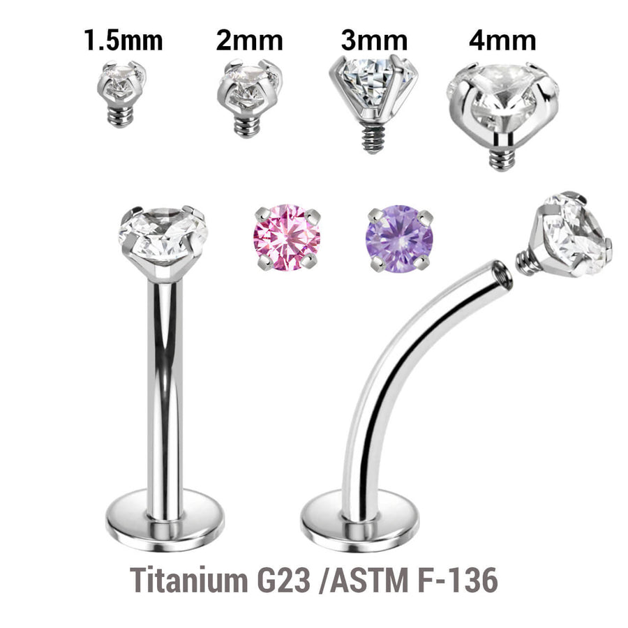 Pack of 10 high polished titanium internally threaded curved labrets, Thickness 1.2mm, with prong set CZ stones