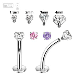 Pack of 10 high polished titanium internally threaded curved labrets, Thickness 1.2mm, with prong set CZ stones - G23 ASTM F-136 implant grade titanium body jewelry