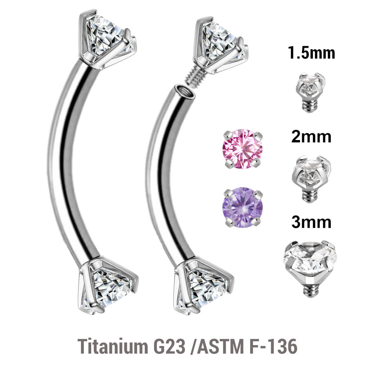 Pack of 5 high polished titanium internally threaded eyebrow bananas, Thickness 1.2mm, with prong set CZ stones