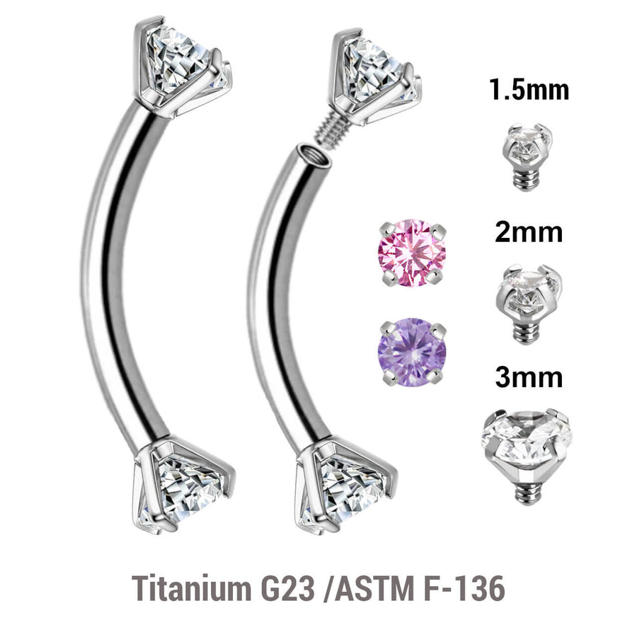 Pack of 5 high polished titanium internally threaded eyebrow bananas, Thickness 1.2mm, with prong set CZ stones