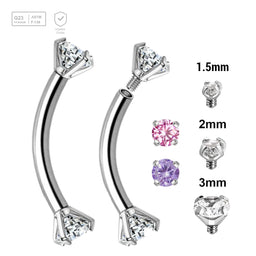 Pack of 5 high polished titanium internally threaded eyebrow bananas, Thickness 1.2mm, with prong set CZ stones - G23 ASTM F-136 implant grade titanium body jewelry