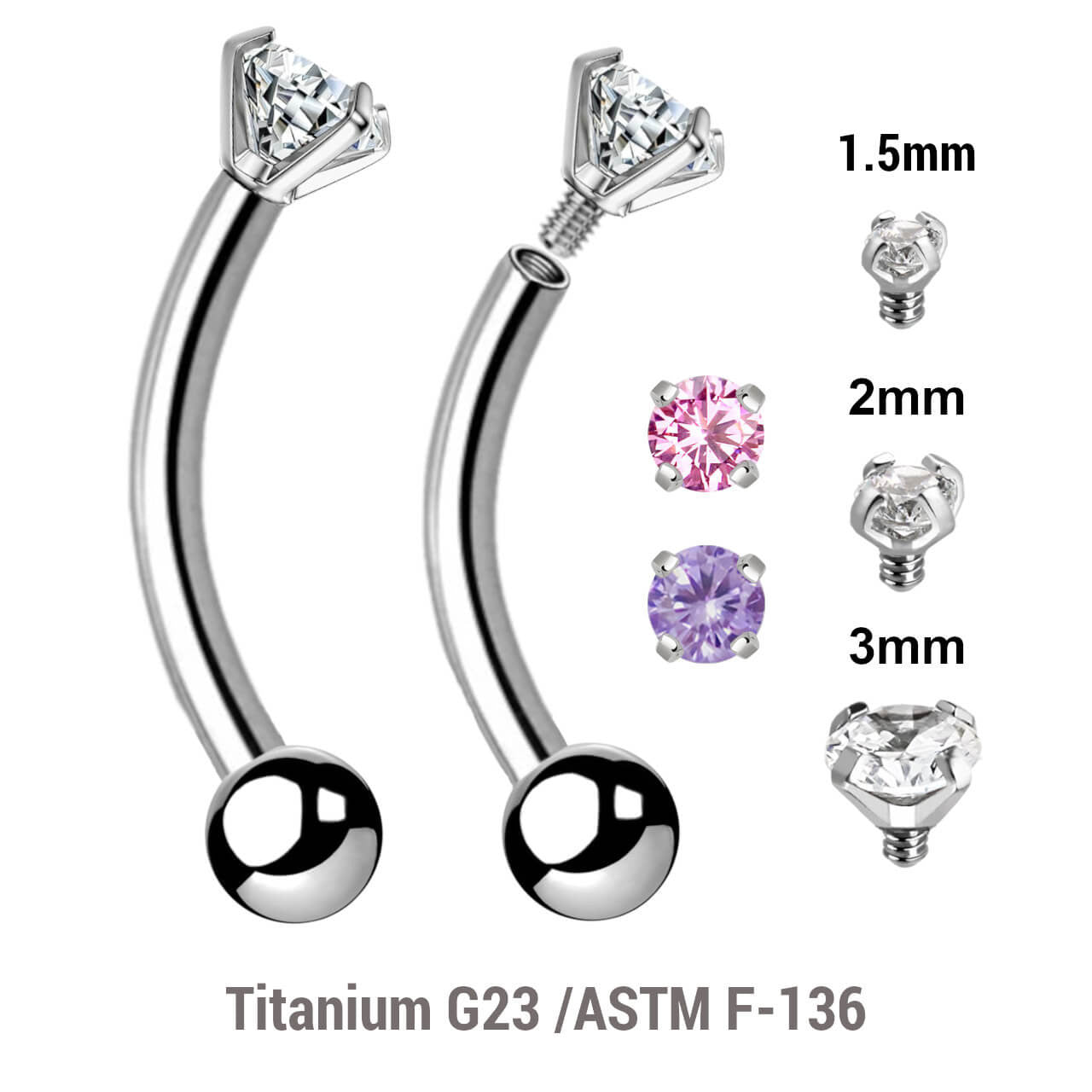Pack of 5 high polished titanium internally threaded eyebrow bananas, Thickness 1.2mm, with a top prong set CZ stone and a lower 3mm plain ball