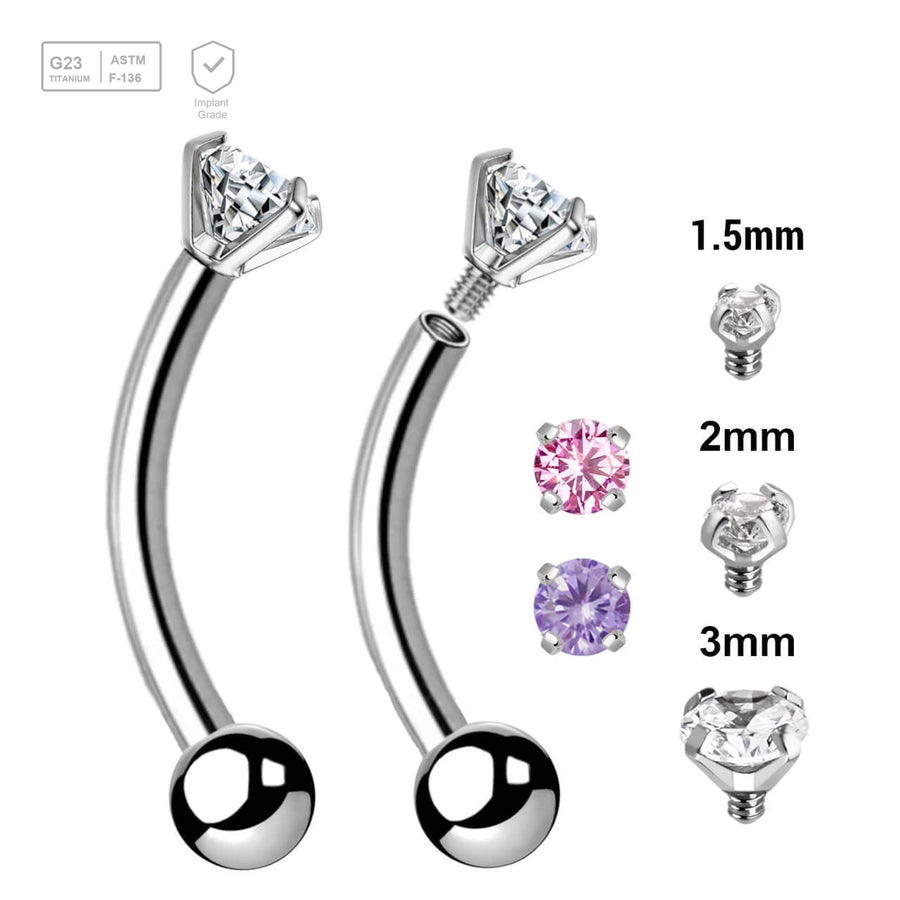 Pack of 5 high polished titanium internally threaded eyebrow bananas, Thickness 1.2mm, with a top prong set CZ stone and a lower 3mm plain ball - G23 ASTM F-136 implant grade titanium body jewelry