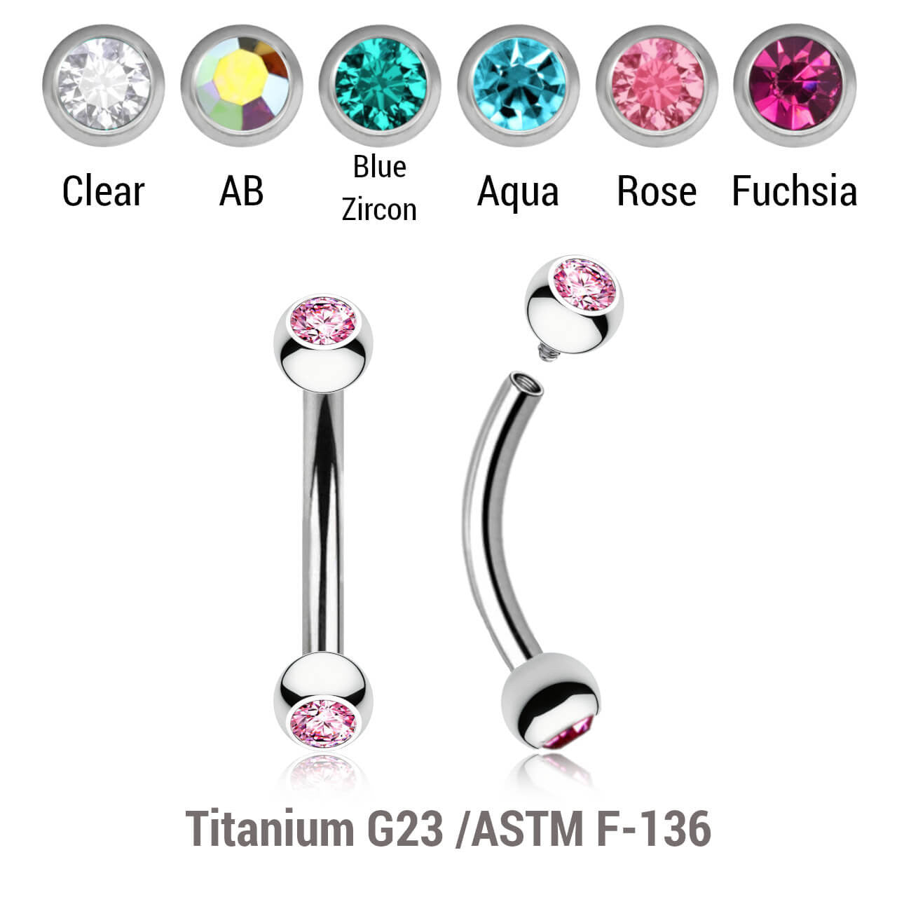 Pack of 5 high polished titanium internally threaded eyebrow bananas, Thickness 1.2mm, with two 3mm bezel set crystal balls