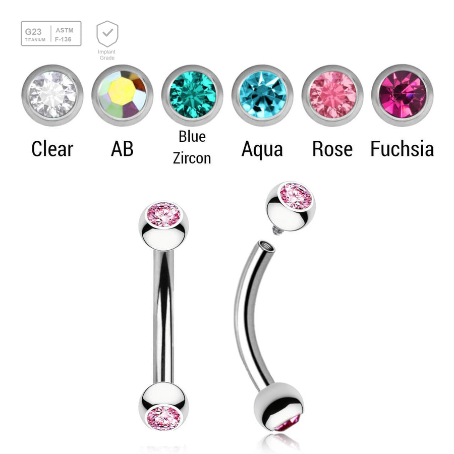 Pack of 5 high polished titanium internally threaded eyebrow bananas, Thickness 1.2mm, with two 3mm bezel set crystal balls - G23 ASTM F-136 implant grade titanium body jewelry