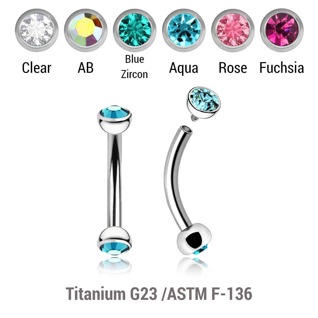 Pack of 5 high polished titanium internally threaded eyebrow bananas, Thickness 1.2mm, with two half balls with a bezel set crystal