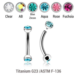 Pack of 5 high polished titanium internally threaded eyebrow bananas, Thickness 1.2mm, with two half balls with a bezel set crystal