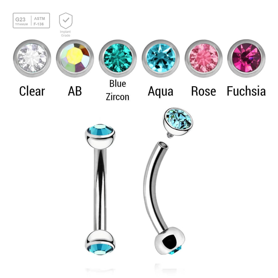 Pack of 5 high polished titanium internally threaded eyebrow bananas, Thickness 1.2mm, with two half balls with a bezel set crystal - G23 ASTM F-136 implant grade titanium body jewelry