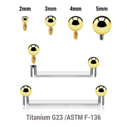 Pack of 5 high polished titanium internally threaded flat surface barbells with a 90 degree angle and 2mm height, thickness 1.6mm and gold PVD plated balls