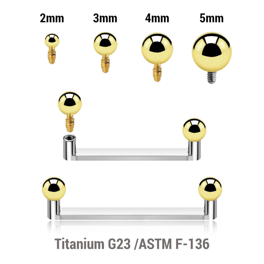 Pack of 5 high polished titanium internally threaded flat surface barbells with a 90 degree angle and 2mm height, thickness 1.6mm and gold PVD plated balls