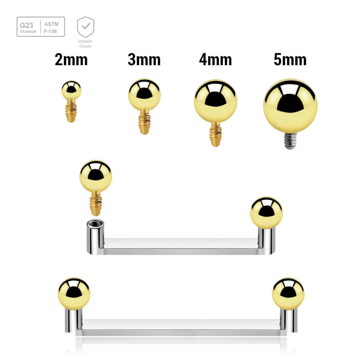 Pack of 5 high polished titanium internally threaded flat surface barbells with a 90 degree angle and 2mm height, thickness 1.6mm and gold PVD plated balls - G23 ASTM F-136 implant grade titanium body jewelry
