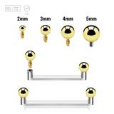 Pack of 5 high polished titanium internally threaded flat surface barbells with a 90 degree angle and 2mm height, thickness 1.6mm and gold PVD plated balls - G23 ASTM F-136 implant grade titanium body jewelry
