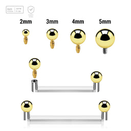 Pack of 5 high polished titanium internally threaded flat surface barbells with a 90 degree angle and 2mm height, thickness 1.6mm and gold PVD plated balls - G23 ASTM F-136 implant grade titanium body jewelry