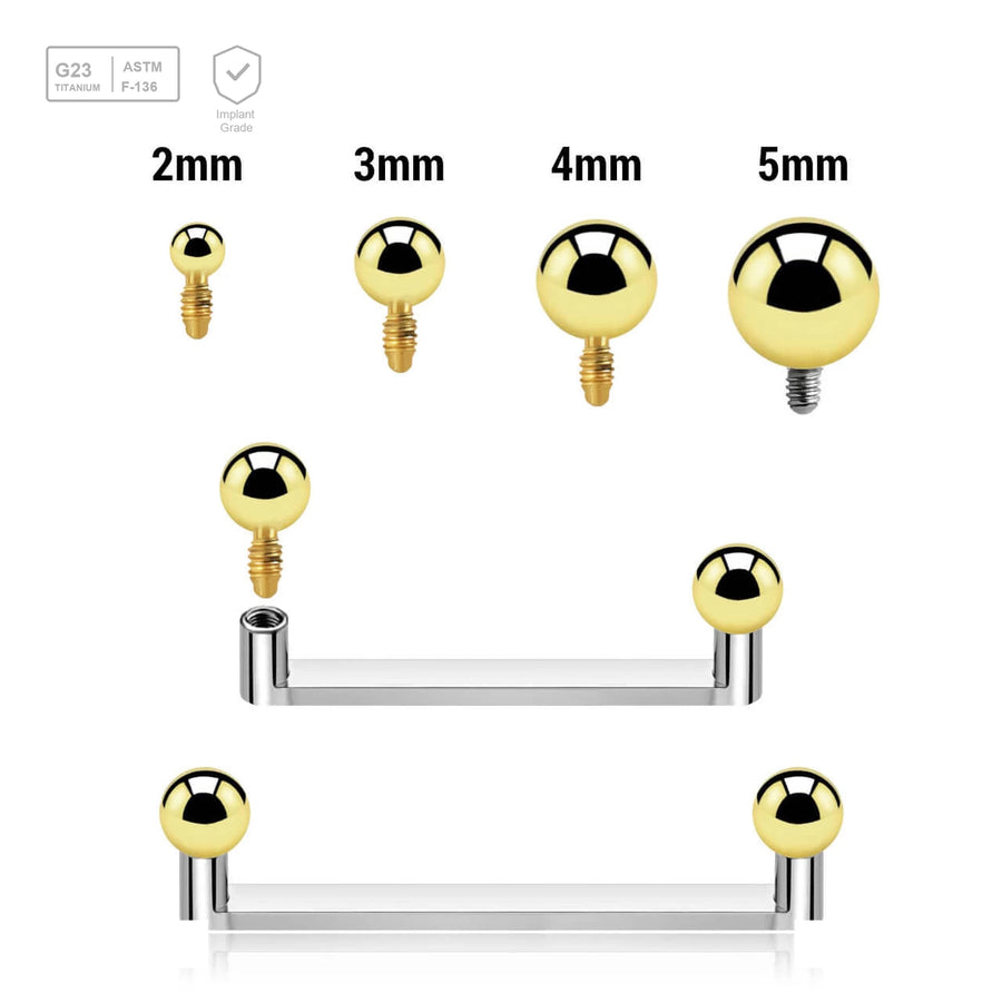 Pack of 5 high polished titanium internally threaded flat surface barbells with a 90 degree angle and 2mm height, thickness 1.6mm and gold PVD plated balls - G23 ASTM F-136 implant grade titanium body jewelry