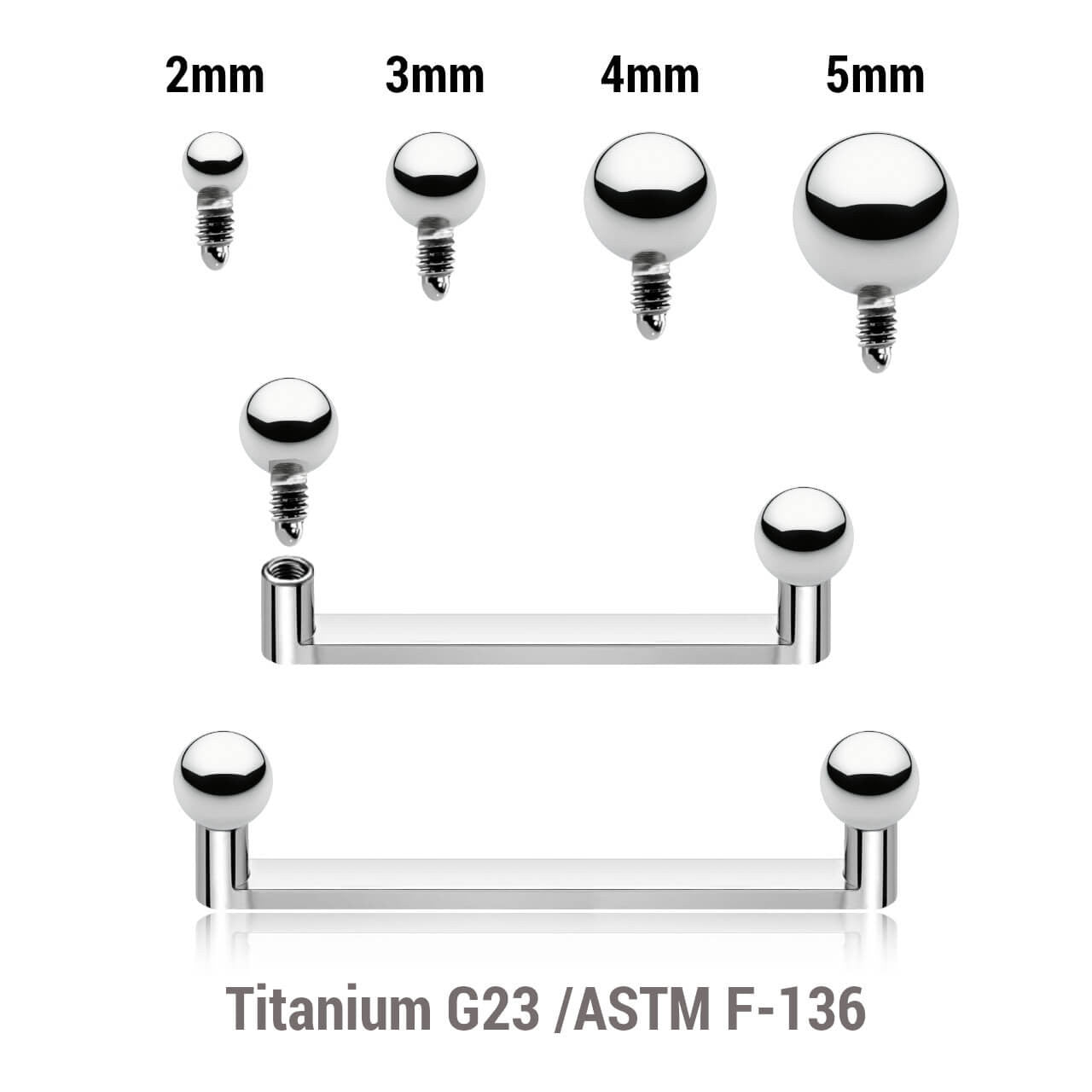 Pack of 5 high polished titanium internally threaded flat surface barbells with a 90 degree angle and 2mm height, thickness 1.6mm and plain balls