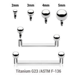 Pack of 5 high polished titanium internally threaded flat surface barbells with a 90 degree angle and 2mm height, thickness 1.6mm and plain balls