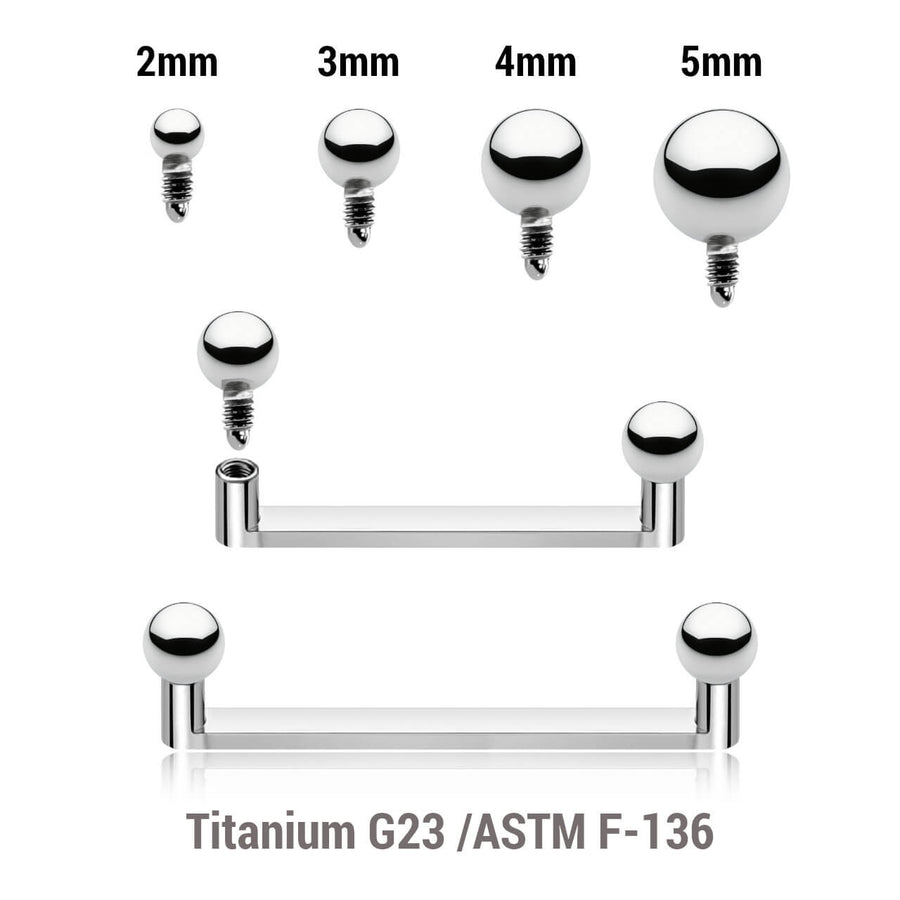 Pack of 5 high polished titanium internally threaded flat surface barbells with a 90 degree angle and 2mm height, thickness 1.6mm and plain balls