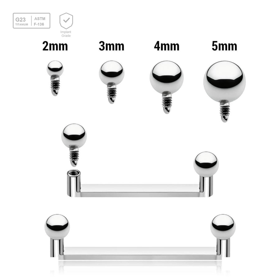 Pack of 5 high polished titanium internally threaded flat surface barbells with a 90 degree angle and 2mm height, thickness 1.6mm and plain balls - G23 ASTM F-136 implant grade titanium body jewelry