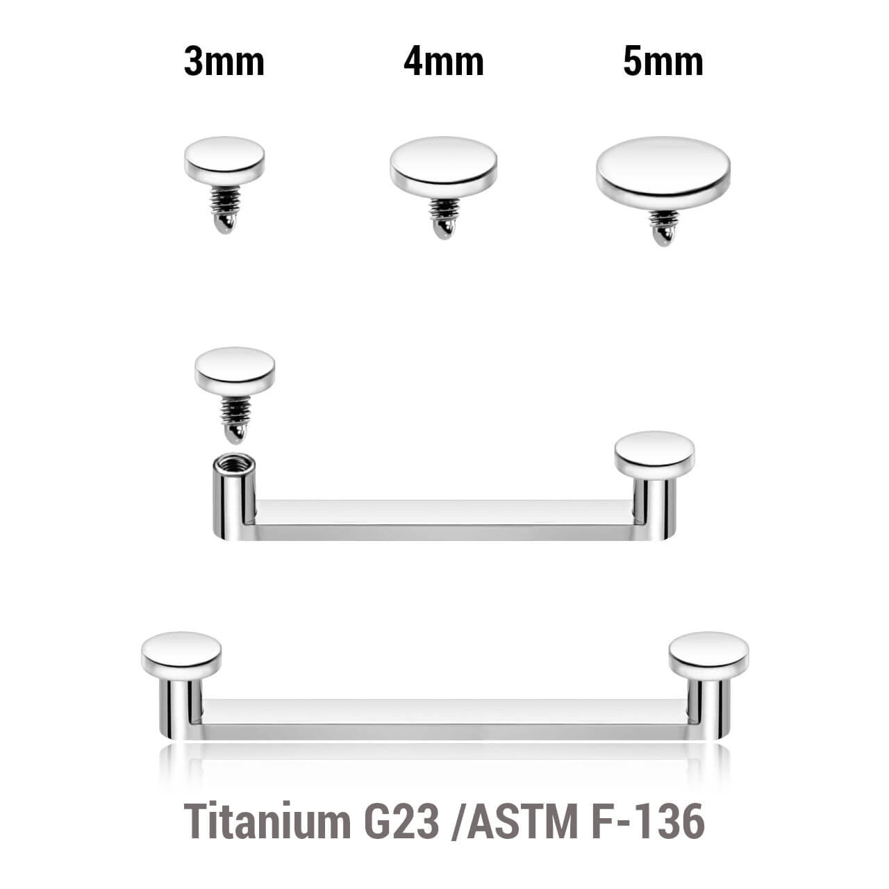 Pack of 5 high polished titanium internally threaded flat surface barbells with a 90 degree angle and 2mm height, thickness 1.6mm and flat disk