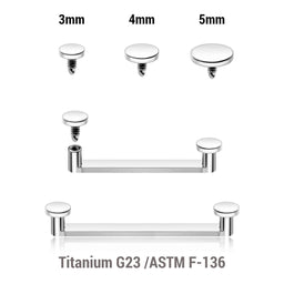 Pack of 5 high polished titanium internally threaded flat surface barbells with a 90 degree angle and 2mm height, thickness 1.6mm and flat disk