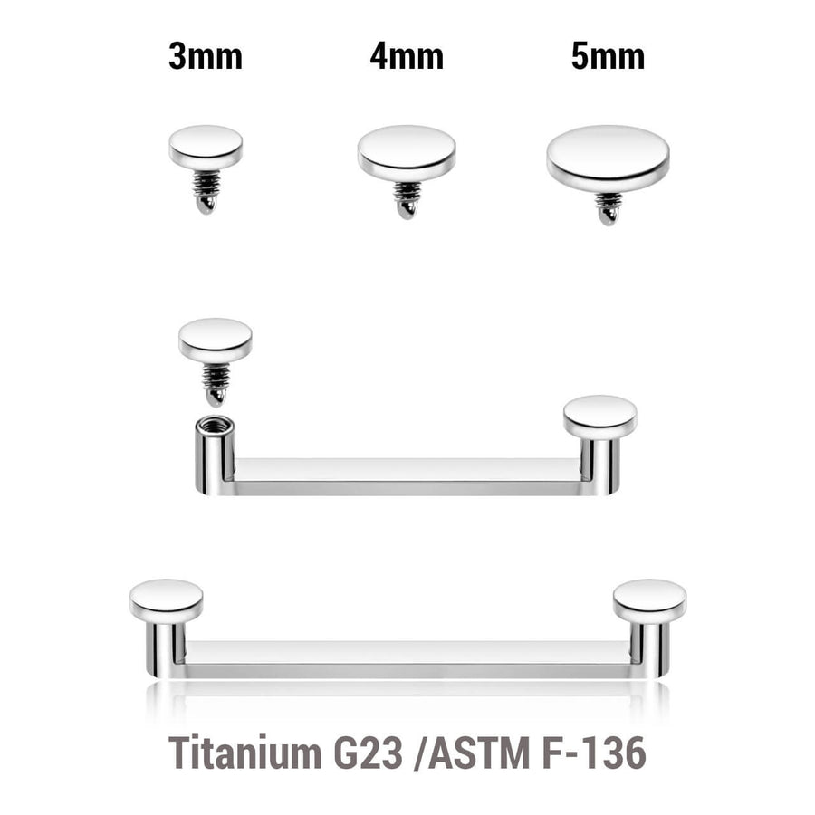 Pack of 5 high polished titanium internally threaded flat surface barbells with a 90 degree angle and 2mm height, thickness 1.6mm and flat disk