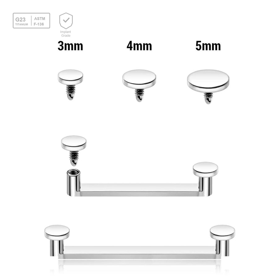 Pack of 5 high polished titanium internally threaded flat surface barbells with a 90 degree angle and 2mm height, thickness 1.6mm and flat disk - G23 ASTM F-136 implant grade titanium body jewelry