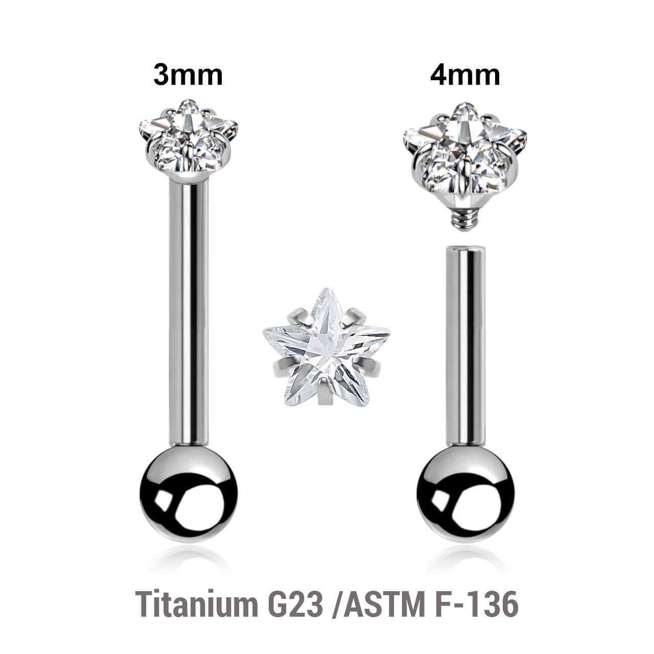 Pack of 5 high polished titanium internally threaded tragus barbells, Thickness 1.2mm, with top prong set star shaped CZ stone and a lower 3mm plain ball
