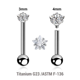 Pack of 5 high polished titanium internally threaded tragus barbells, Thickness 1.2mm, with top prong set star shaped CZ stone and a lower 3mm plain ball